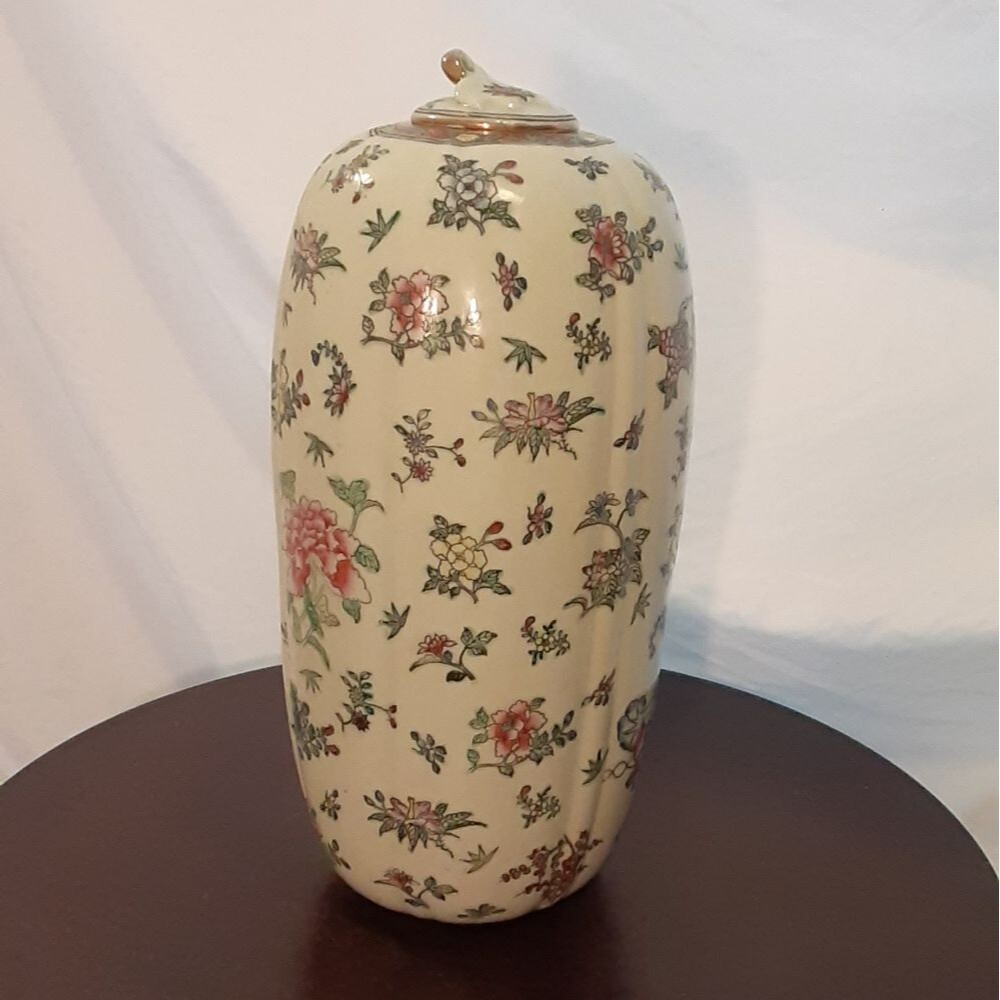 Chinese Celadon Elongated Pumpkin Vase with Floral Prints and Gilt Accents